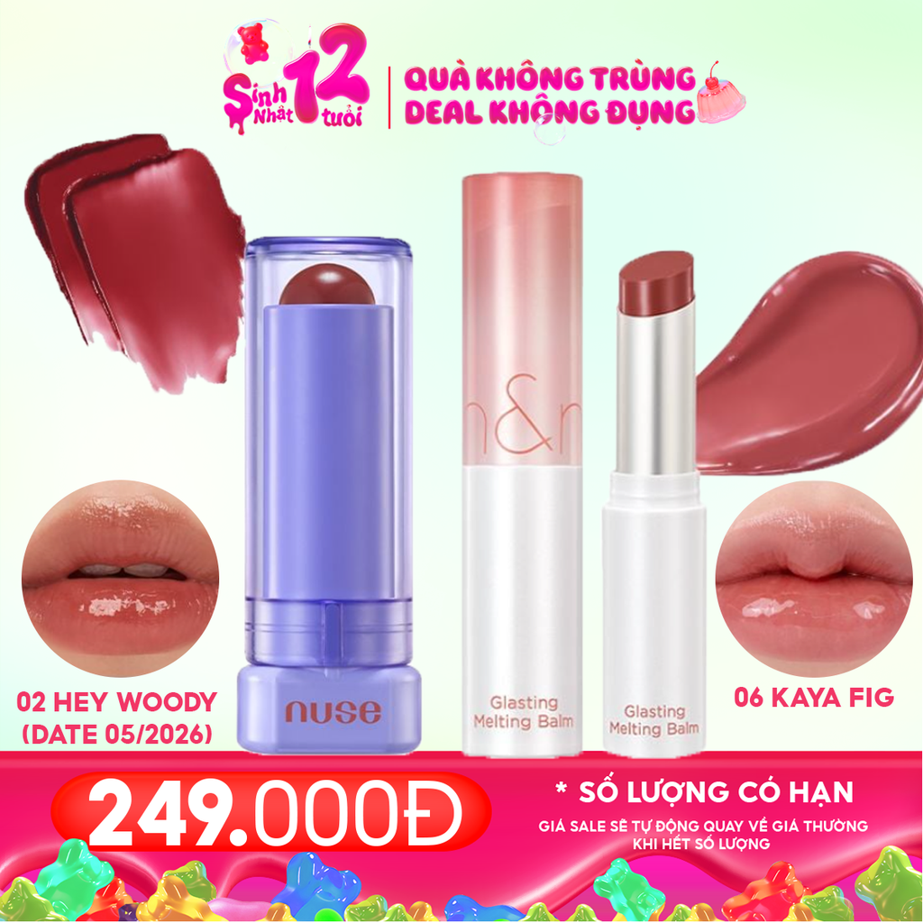 Combo Son Dưỡng Có Màu Thuần Chay Nuse Color Care Lipbalm + Son Dưỡng Có Màu Thuần Chay Romand Glasting Melting Balm #06 Kaya Fig