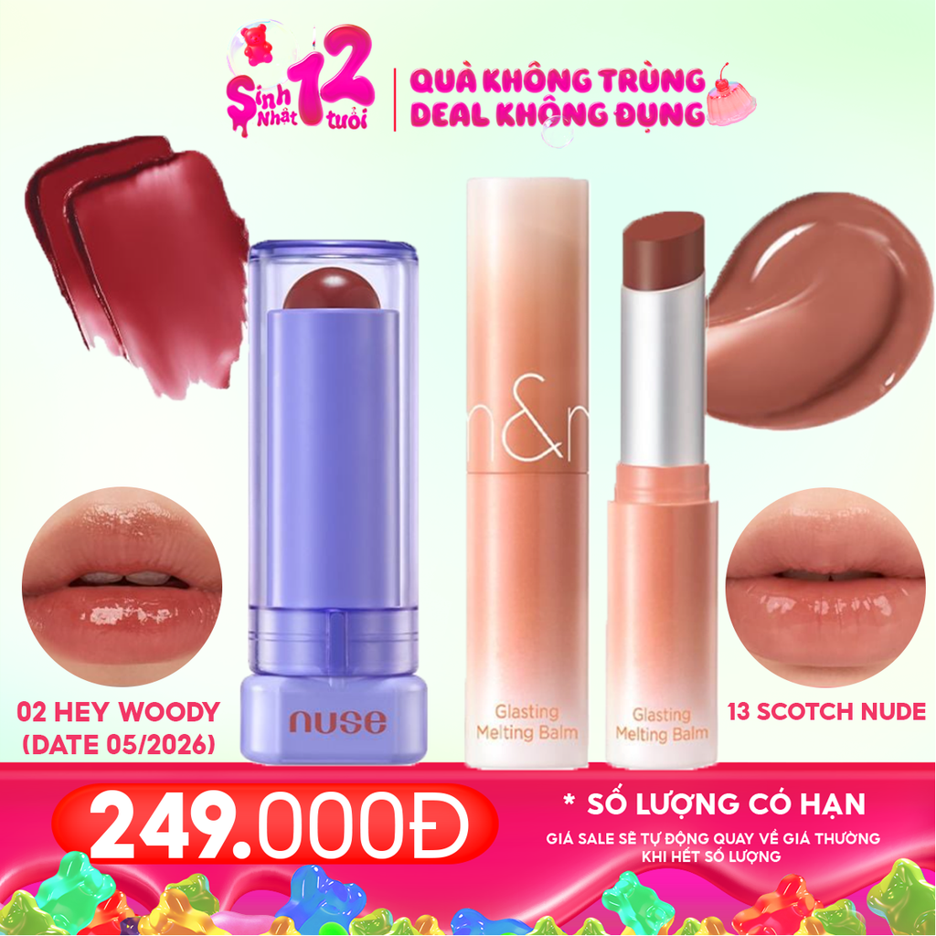 Combo Son Dưỡng Có Màu Thuần Chay Nuse Color Care Lipbalm + Son Dưỡng Có Màu Thuần Chay Romand Glasting Melting Balm #13 Scotch Nude