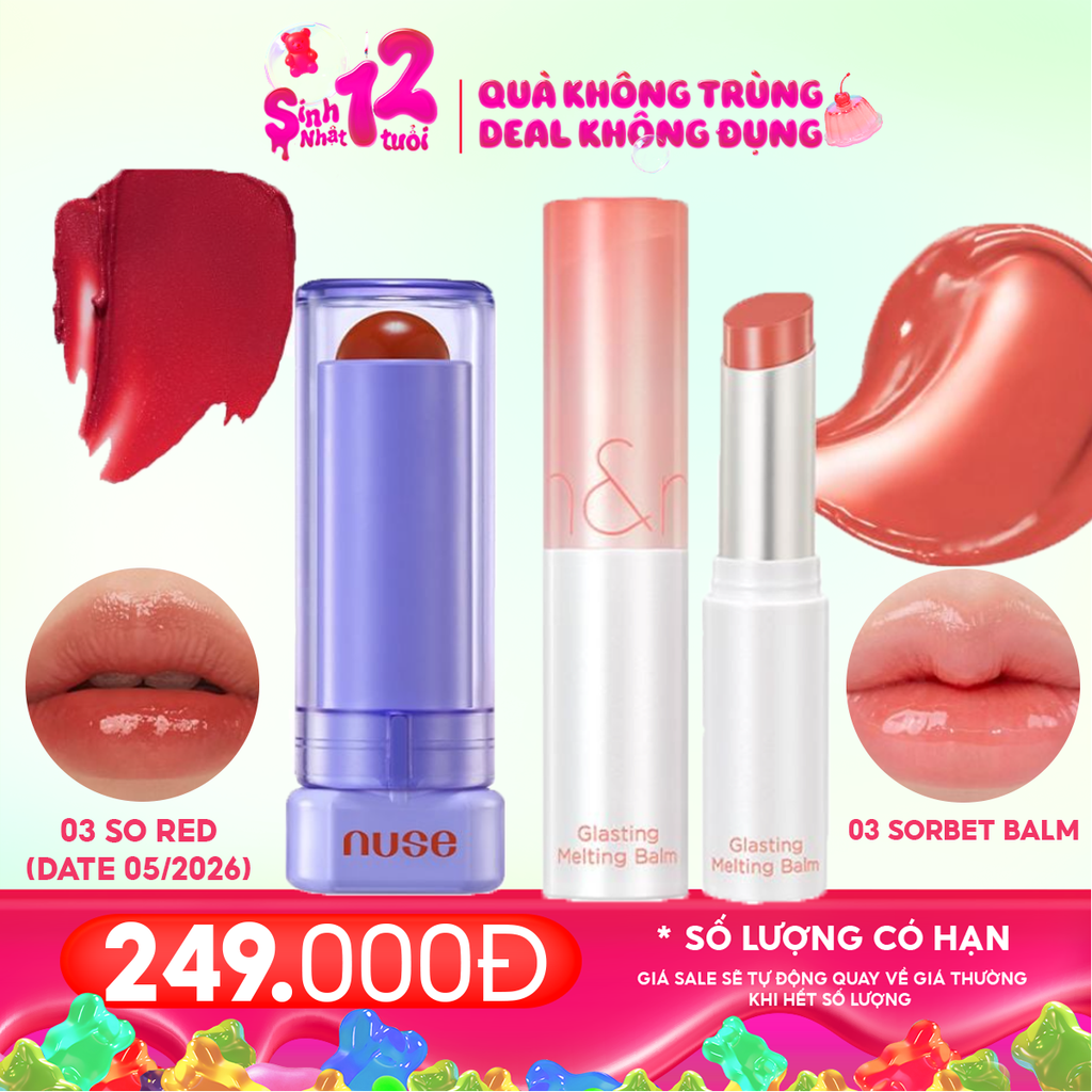 Combo Son Dưỡng Có Màu Thuần Chay Nuse Color Care Lipbalm + Son Dưỡng Có Màu Thuần Chay Romand Glasting Melting Balm #03 Sorbet Balm