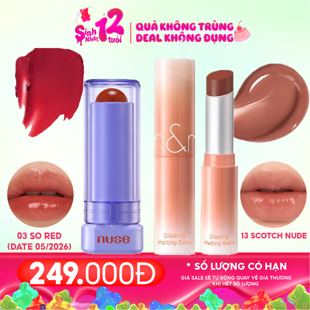 Combo Son Dưỡng Có Màu Thuần Chay Nuse Color Care Lipbalm + Son Dưỡng Có Màu Thuần Chay Romand Glasting Melting Balm #13 Scotch Nude