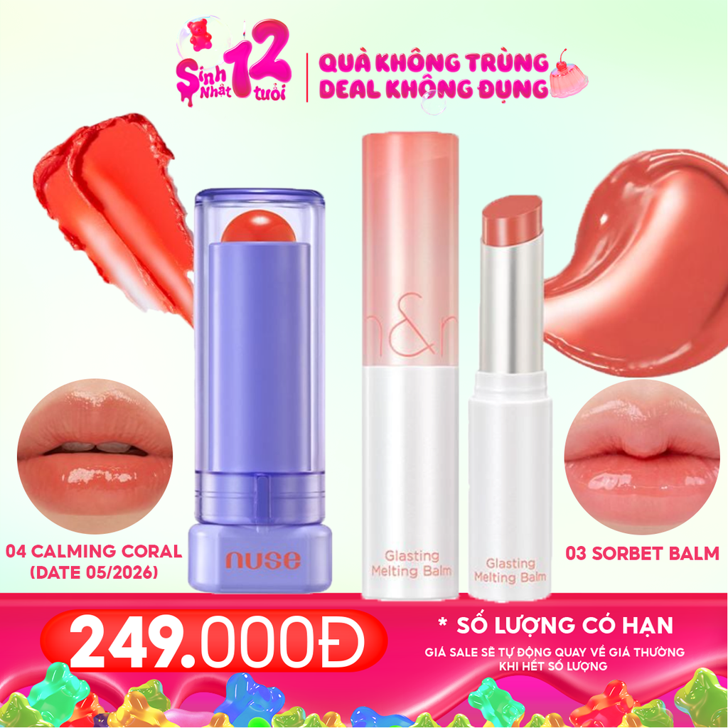 Combo Son Dưỡng Có Màu Thuần Chay Nuse Color Care Lipbalm + Son Dưỡng Có Màu Thuần Chay Romand Glasting Melting Balm #03 Sorbet Balm