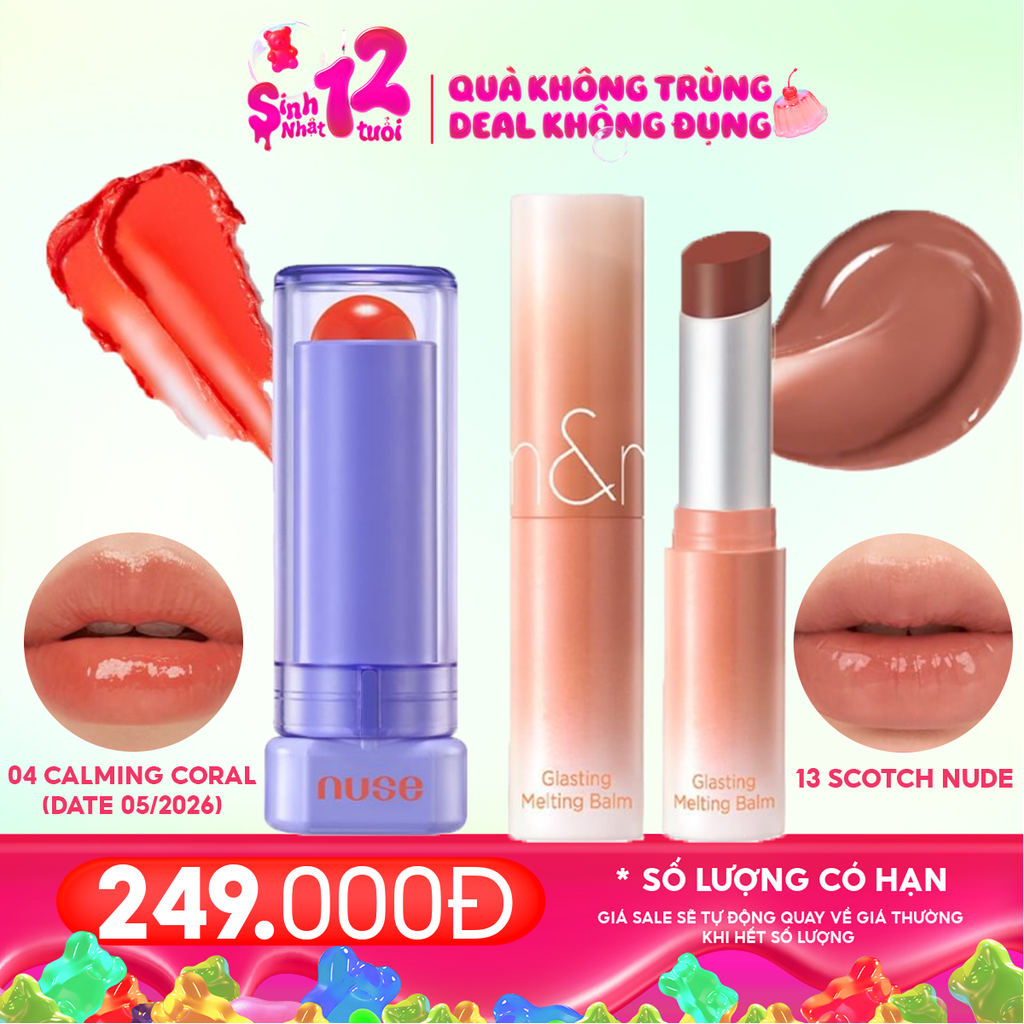 Combo Son Dưỡng Có Màu Thuần Chay Nuse Color Care Lipbalm + Son Dưỡng Có Màu Thuần Chay Romand Glasting Melting Balm #13 Scotch Nude