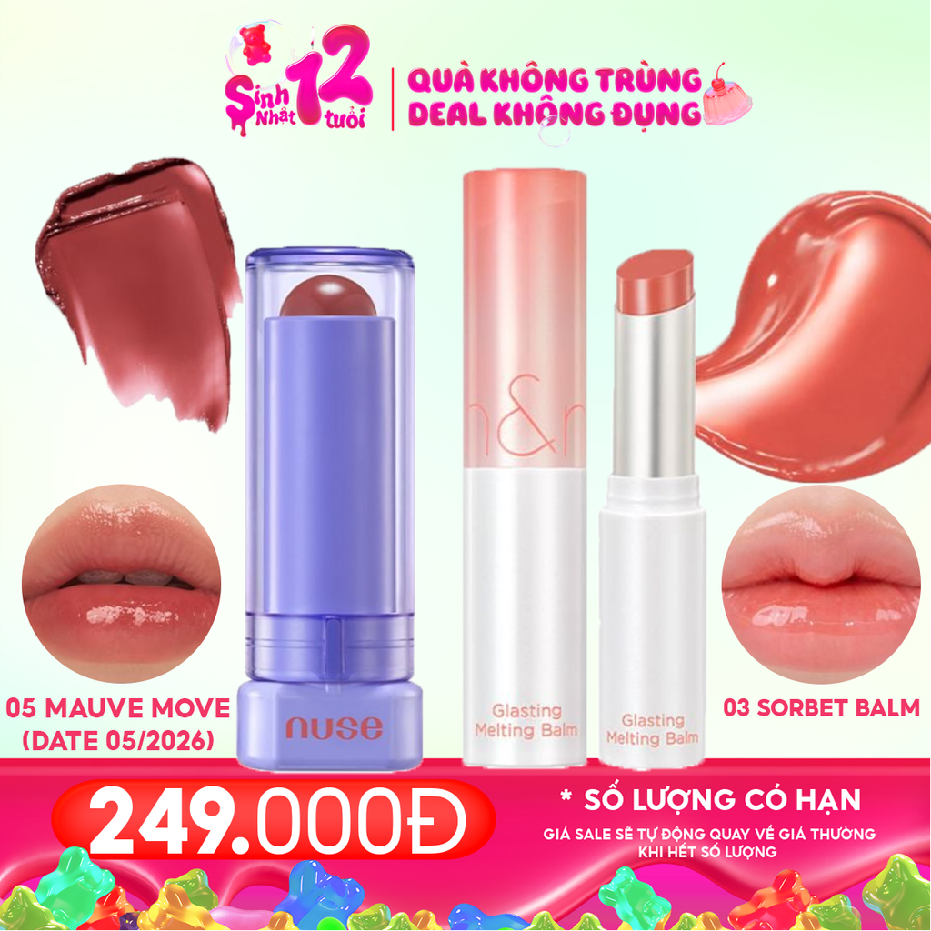 Combo Son Dưỡng Có Màu Thuần Chay Nuse Color Care Lipbalm + Son Dưỡng Có Màu Thuần Chay Romand Glasting Melting Balm #03 Sorbet Balm