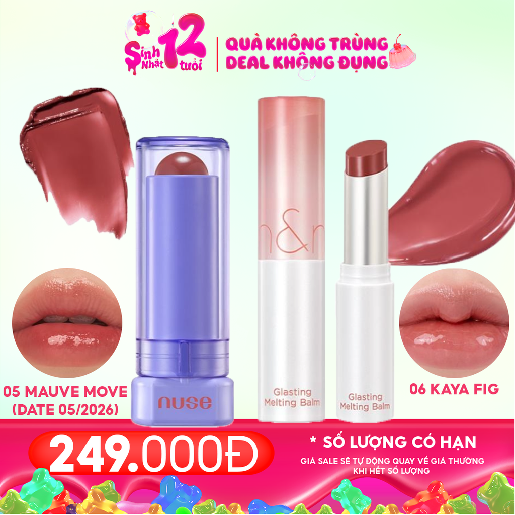 Combo Son Dưỡng Có Màu Thuần Chay Nuse Color Care Lipbalm + Son Dưỡng Có Màu Thuần Chay Romand Glasting Melting Balm #06 Kaya Fig