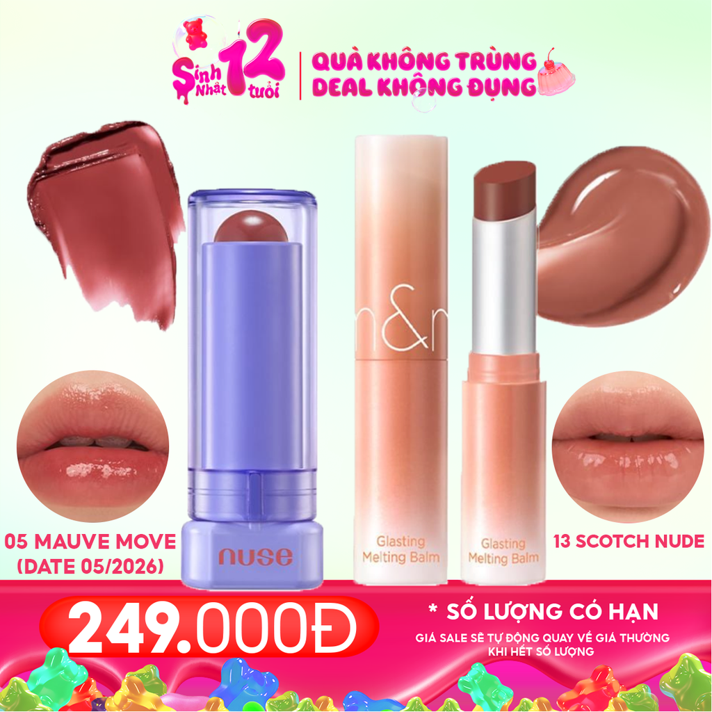 Combo Son Dưỡng Có Màu Thuần Chay Nuse Color Care Lipbalm + Son Dưỡng Có Màu Thuần Chay Romand Glasting Melting Balm #13 Scotch Nude