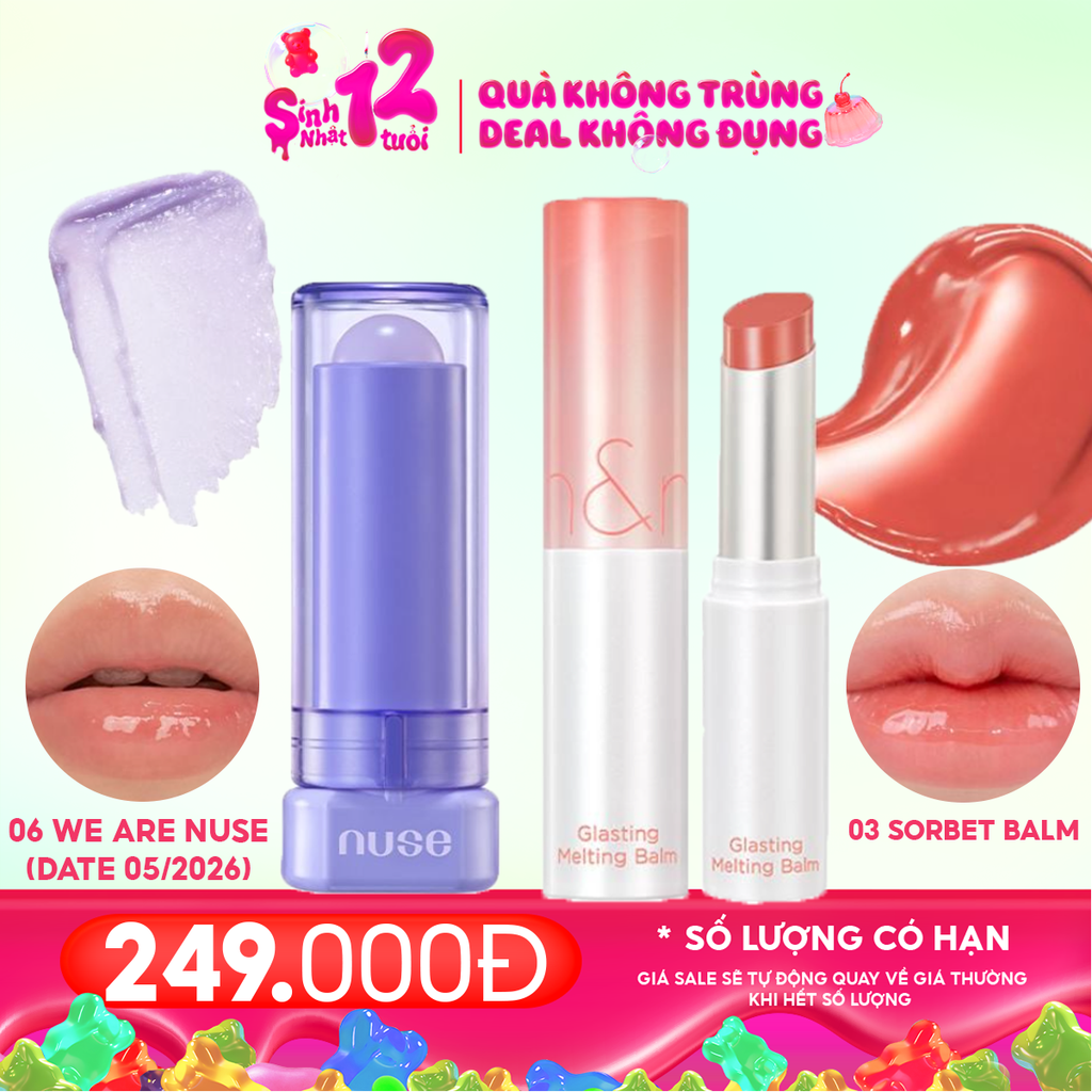 Combo Son Dưỡng Có Màu Thuần Chay Nuse Color Care Lipbalm + Son Dưỡng Có Màu Thuần Chay Romand Glasting Melting Balm #03 Sorbet Balm