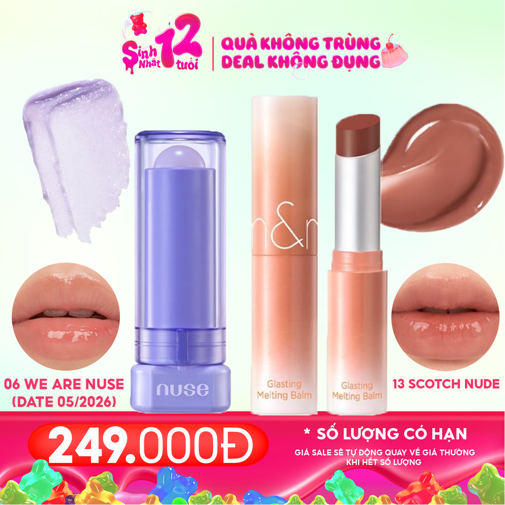 Combo Son Dưỡng Có Màu Thuần Chay Nuse Color Care Lipbalm + Son Dưỡng Có Màu Thuần Chay Romand Glasting Melting Balm #13 Scotch Nude