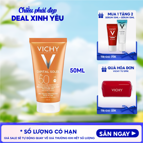  Kem Chống Nắng Vichy Cho Da Dầu, Không Nhờn Rít Capital Soleil Dry Touch Face Fluid SPF50+ 50ml 