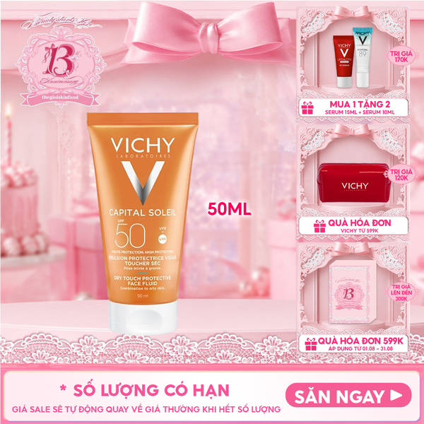  Kem Chống Nắng Vichy Cho Da Dầu, Không Nhờn Rít Capital Soleil Dry Touch Face Fluid SPF50+ 50ml 