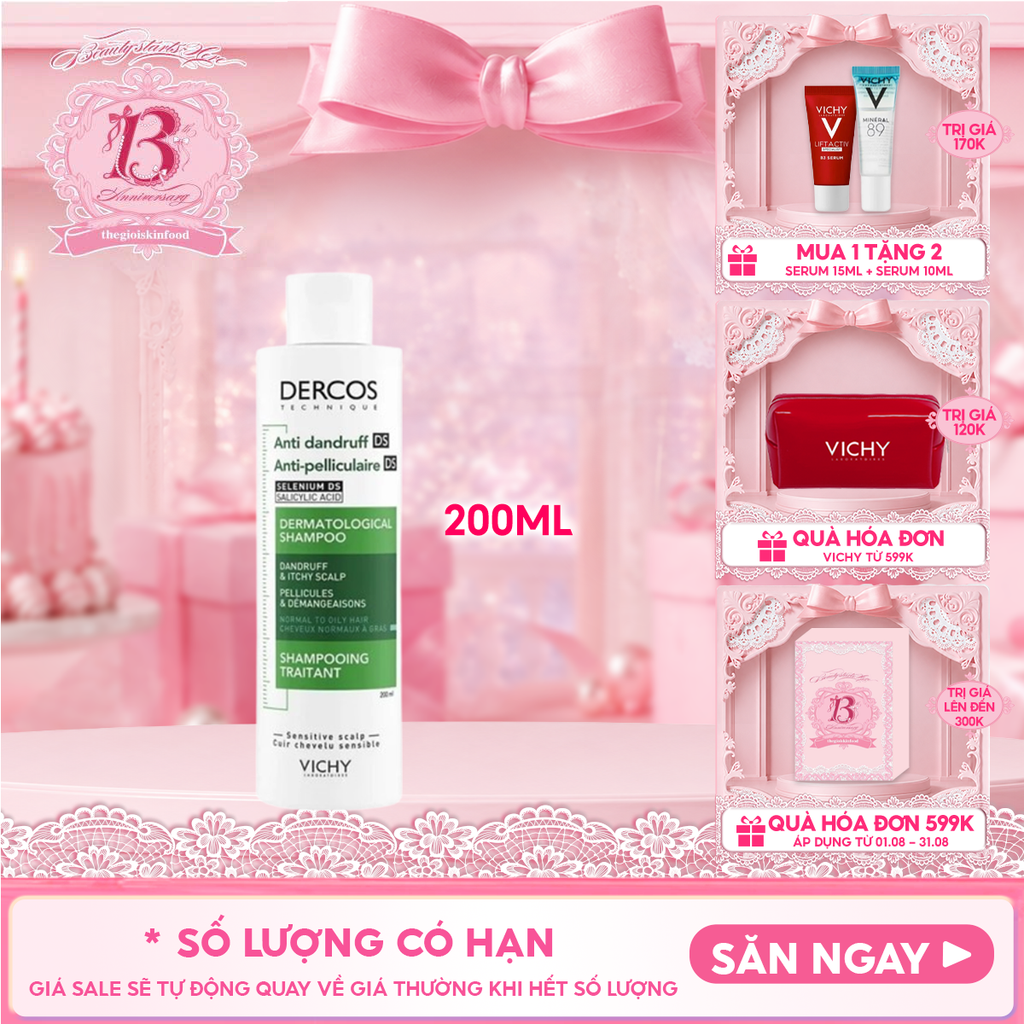 [200ml] Dầu Gội Vichy Làm Sạch Gàu, Hỗ Trợ Giảm Ngứa Dành Cho Da Dầu Dercos Anti Dandruff Dermatological Shampoo