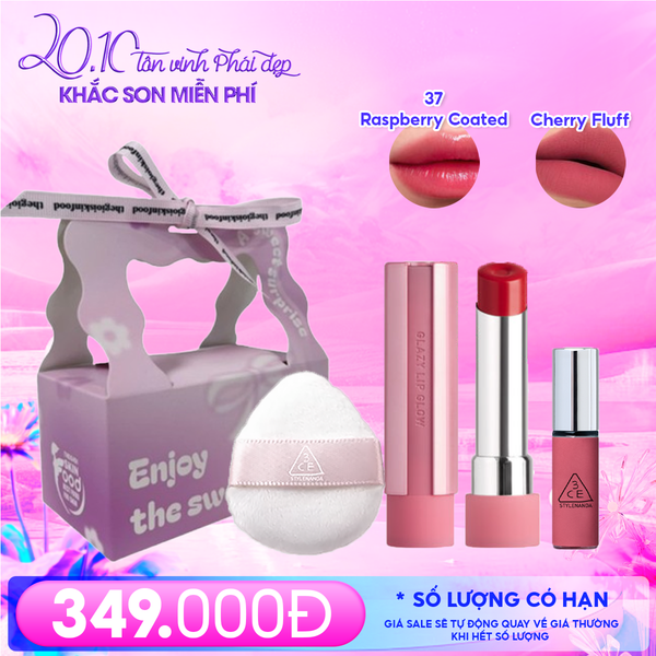  Combo Quà Tặng 20/10: Túi Quà + Son Bóng Dưỡng Môi Có Màu 3CE 37 Raspberry Coated + Mút Trang Điểm 3CE + Son Kem Lì Mini 3CE Cherry Fluff 