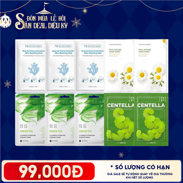  Combo 10 Mask: Mặt Nạ PSK Phục Hồi + Mặt Nạ Jkosmec Trà Xanh + Mặt Nạ Nature Republic Hoa Cúc + Mặt Nạ The Saem Rau Má 