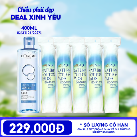 Combo L'oreal x Toola: Nước Tẩy Trang L'Oreal Làm Sạch Tươi Mát, Dưỡng Ẩm Cho Da 3-in-1 Micellar Water + Bông Tẩy Trang Mềm Mịn TOOLA
