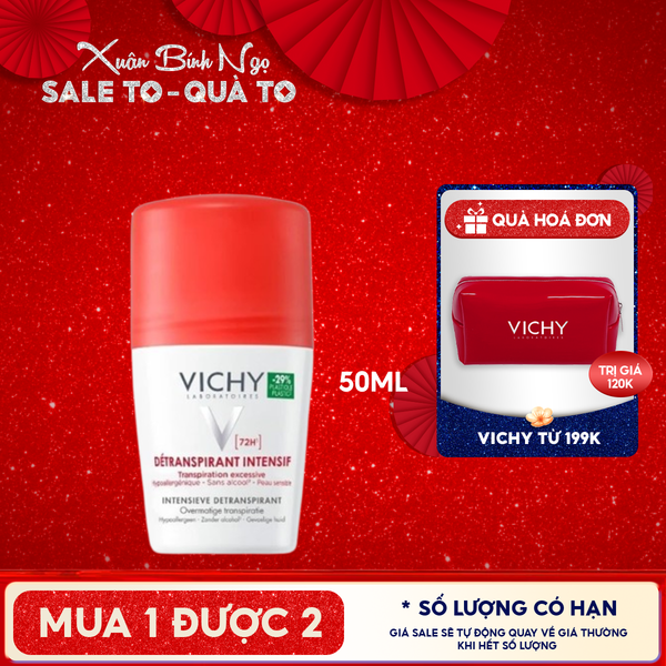  Lăn Khử Mùi Vichy Ngăn Mồ Hôi, Giữ Khô Thoáng Suốt 72H Detranspirant Intensif 72H 50ml (Che tên sản phẩm khi giao hàng) 