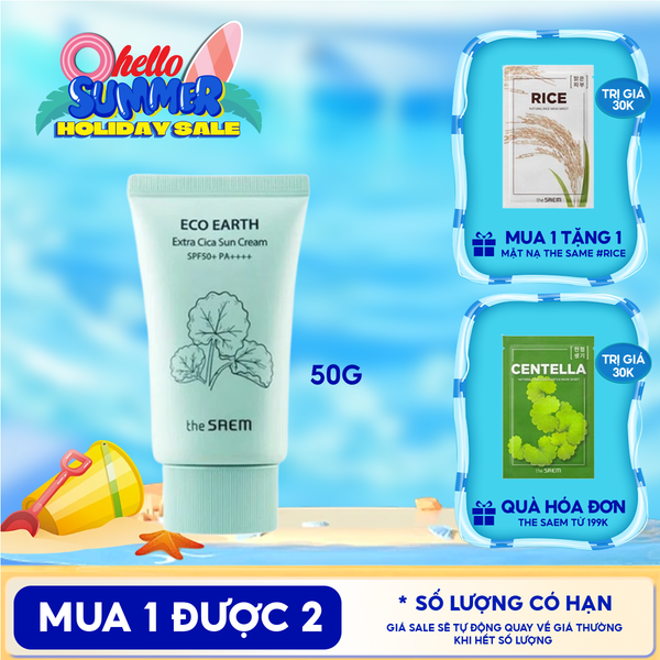  Kem Chống Nắng The Saem Nâng Tông, Cân Bằng Ẩm, Chiết Xuất Rau Má Eco Earth Extra Cica Sun Cream SPF50+/PA++++ 50g 