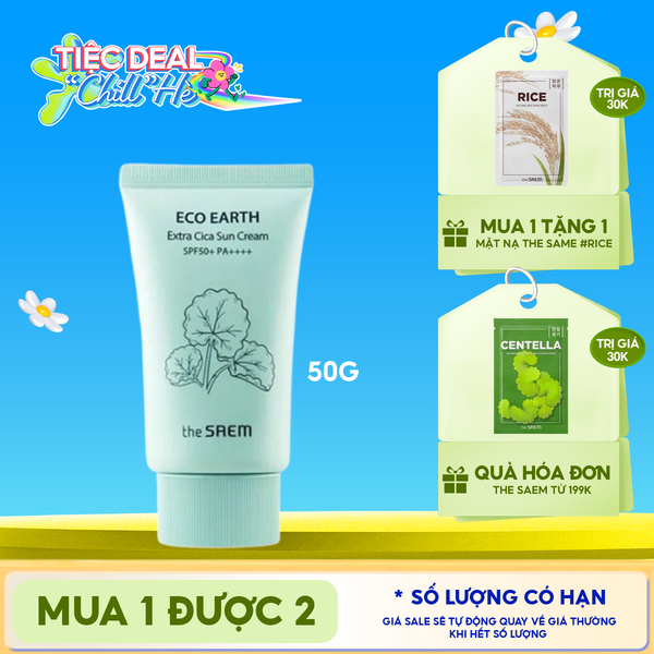  Kem Chống Nắng The Saem Nâng Tông, Cân Bằng Ẩm, Chiết Xuất Rau Má Eco Earth Extra Cica Sun Cream SPF50+/PA++++ 50g 