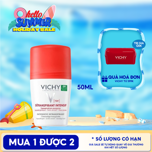  Lăn Khử Mùi Vichy Ngăn Mồ Hôi, Giữ Khô Thoáng Suốt 72H Detranspirant Intensif 72H 50ml (Che tên sản phẩm khi giao hàng) 