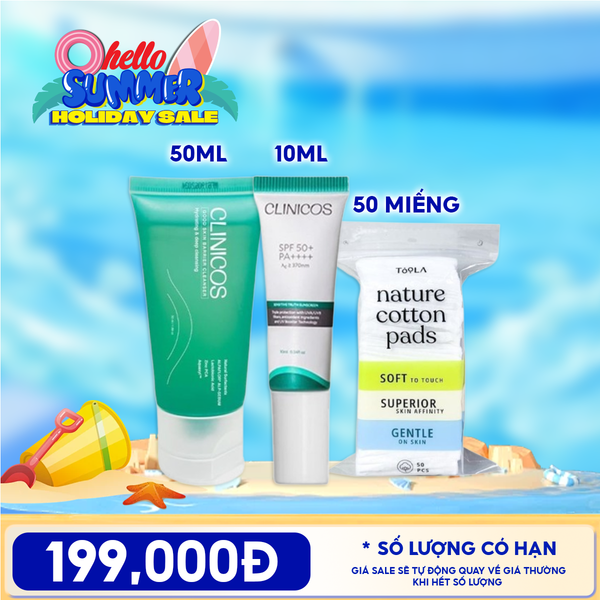  Combo Tiện Lợi: Gel Rửa Mặt Clinicos Thanh Mát Good Skin Barrier Cleanser 50ml + Kem Chống Nắng CLINICOS Truth Sunscreen +  Bông Tẩy Trang Mềm Mịn TOOLA 