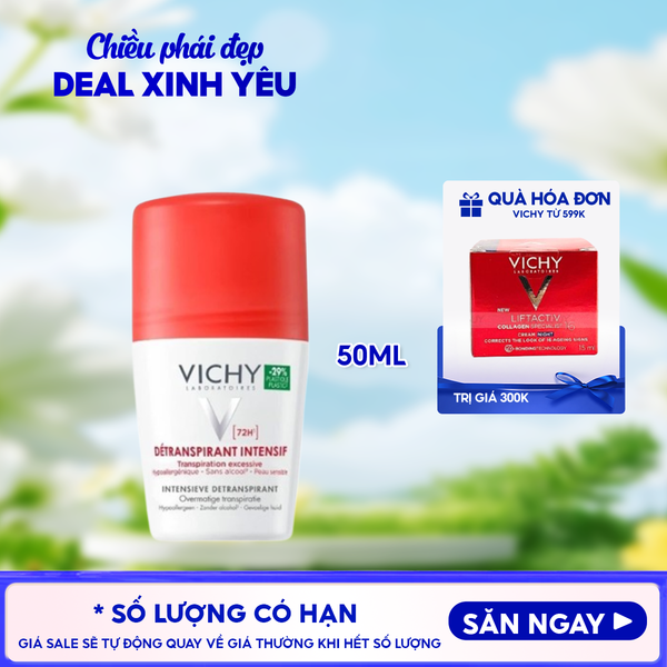  Lăn Khử Mùi Vichy Ngăn Mồ Hôi, Giữ Khô Thoáng Suốt 72H Detranspirant Intensif 72H 50ml (Che tên sản phẩm khi giao hàng) 