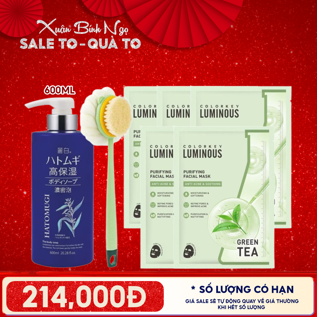 Combo Valentine: Sữa Tắm Hatomugi Dưỡng Ẩm, Hỗ Trợ Làm Sáng Da 600ml + Bàn Chải Tắm Chà Lưng Hai Đầu TOOLA + 5 Mặt Nạ Giấy Colorkey PURIFYING Hỗ Trợ Giảm Dầu Mụn
