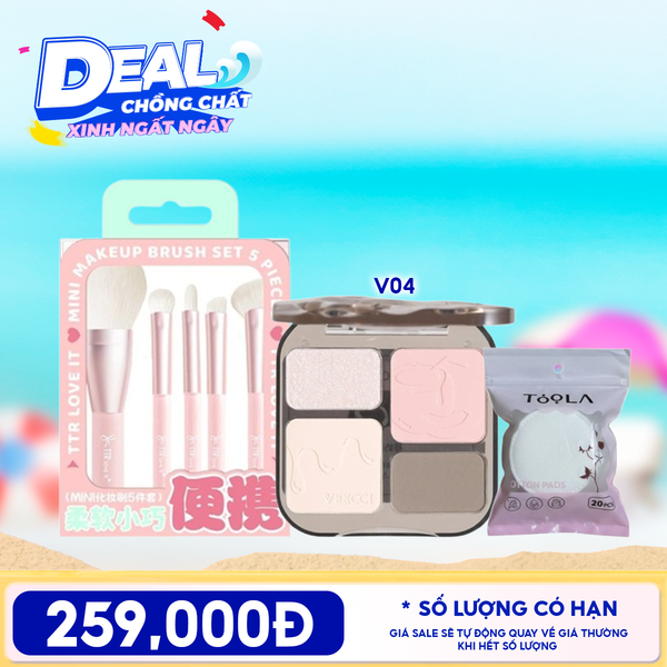  Combo Travel: Phấn Bắt Sáng Và Tạo Khối VEECCI + Pack 5 Cọ Trang Điểm Chuyên Dụng TTR Makeup Brush + Bông Tẩy Trang Mềm Mịn TOOLA 