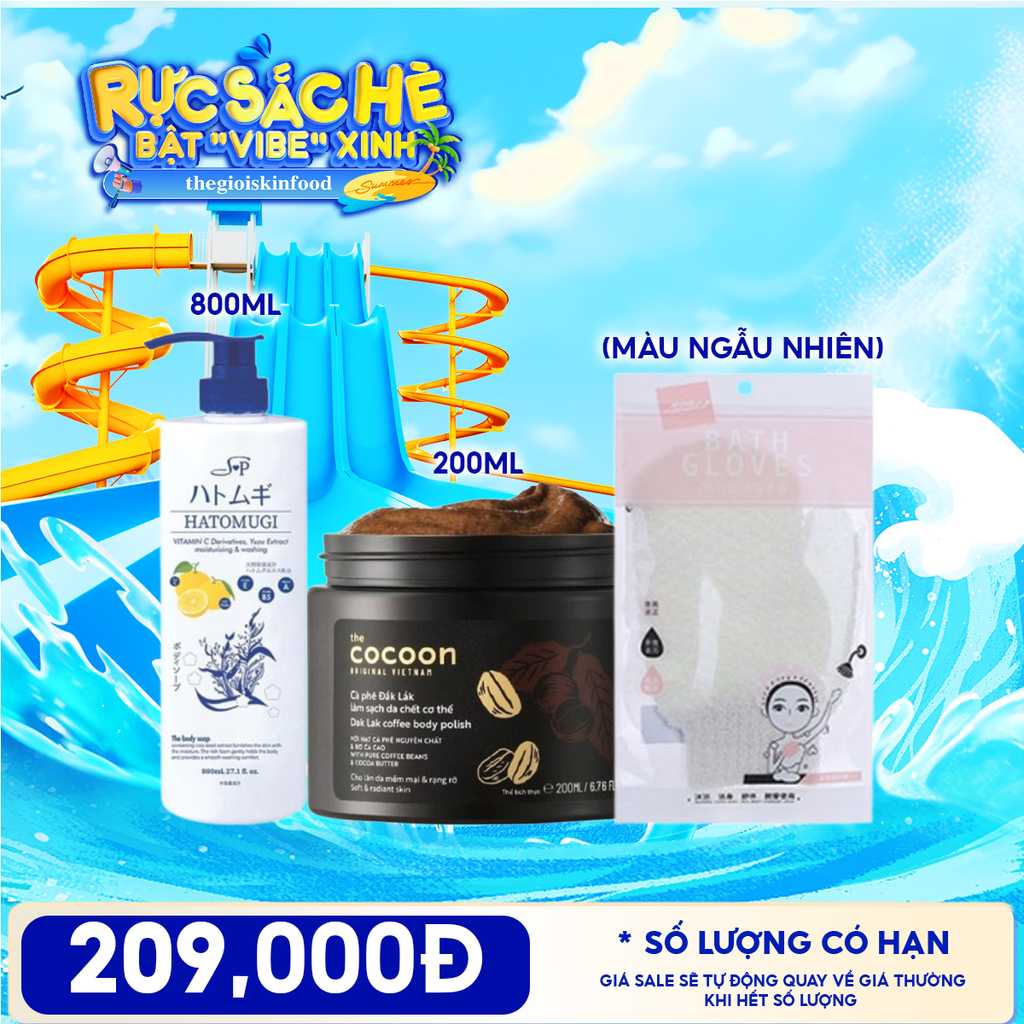 Combo Travel: Cocoon Tẩy Da Chết Body Cà Phê Dak Lak Cocoon Body Polish 200ML + Sữa Tắm Hatomugi Moisturizing & Washing The Body Soap 800ml + Găng Tay Tắm Tẩy Tế Bào Chết LMLTOP