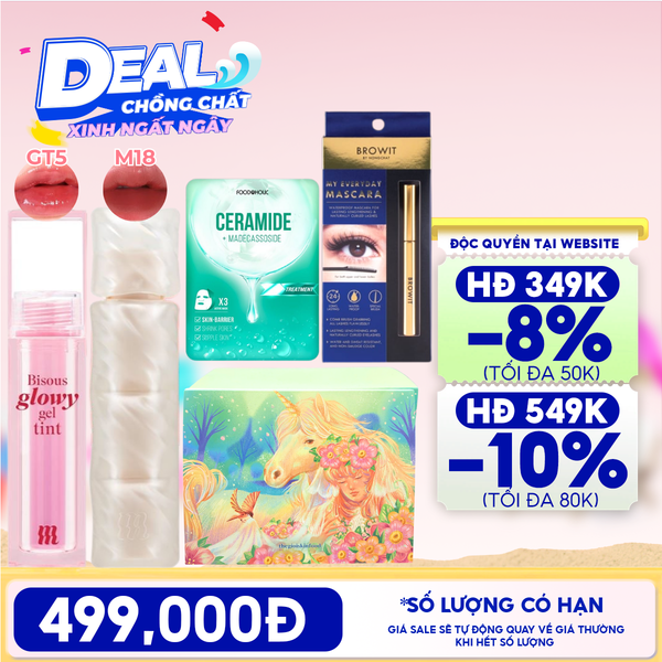  [HỘP QUÀ YÊU THƯƠNG] Son Bóng Pha Lê Merzy Bisous Glowy Gel Tint + Son Phao Kem Lì Merzy Puffer Mellow Tint + Mặt Nạ Foodaholic Ample Mask + Mascara Browit My Everyday Mascara + Hộp Quà Ngẫu Nhiên 
