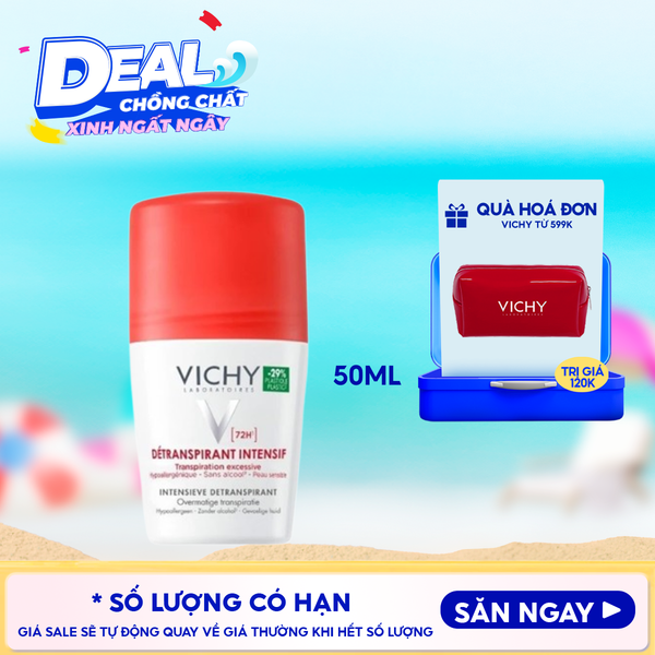  Lăn Khử Mùi Vichy Ngăn Mồ Hôi, Giữ Khô Thoáng Suốt 72H Detranspirant Intensif 72H 50ml (Che tên sản phẩm khi giao hàng) 