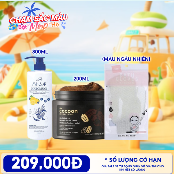  Combo Travel: Cocoon Tẩy Da Chết Body Cà Phê Dak Lak Cocoon Body Polish 200ML + Sữa Tắm Hatomugi Moisturizing & Washing The Body Soap 800ml + Găng Tay Tắm Tẩy Tế Bào Chết LMLTOP 