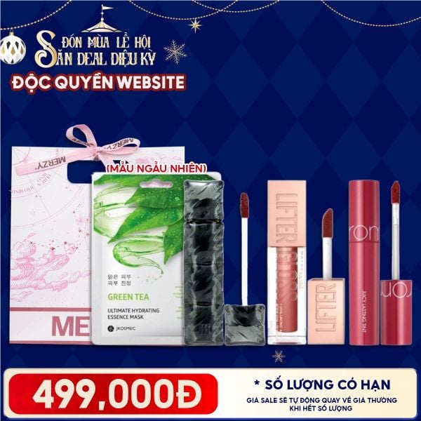  Túi Quà Giáng Sinh 499K: 1 Son Merzy + 1 Son Maybelline + 1 Son Romand + 1 Mặt Nạ + Túi 
