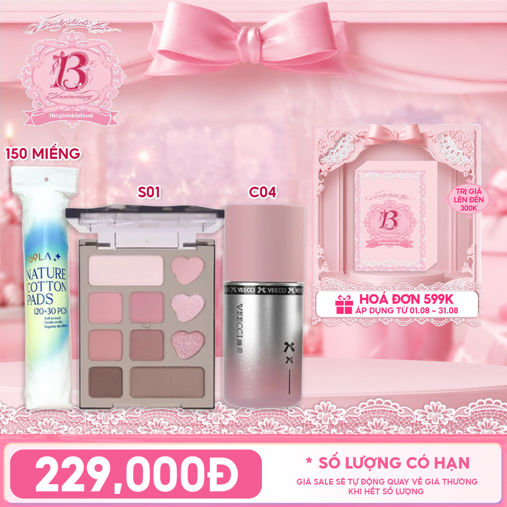 Combo Travel: Bảng Phấn Mắt VEECCI 10 Ô Glamorous Dreamland + Má Hồng Dạng Kem VEECCI Liquid Like Water Powder Blusher 3.5g + Bông Tẩy Trang Mềm Mịn TOOLA