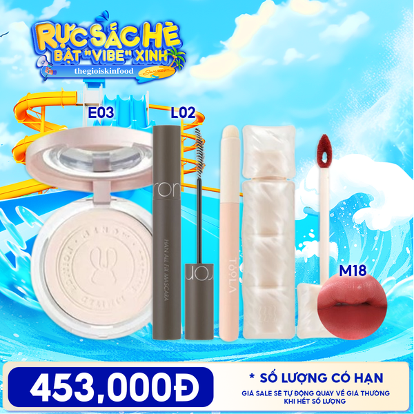  Combo Phấn Phủ Nén MENOW Matte Tulle Makeup Powder + Mascara Chuốt Mi Romand All Fix Mascara + Son Phao Kem Lì Merzy Puffer Mellow Tint +  Cọ TOOLA Đa Năng 