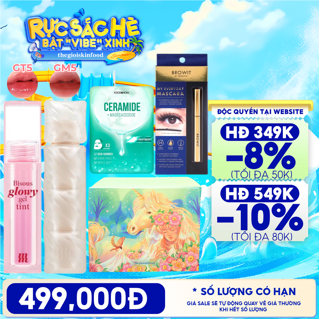 [HỘP QUÀ YÊU THƯƠNG] Son Bóng Pha Lê Merzy Bisous Glowy Gel Tint + Son Phao Kem Lì Merzy Puffer Mellow Tint + Mặt Nạ Foodaholic Ample Mask + Mascara Browit My Everyday Mascara #Endless Night