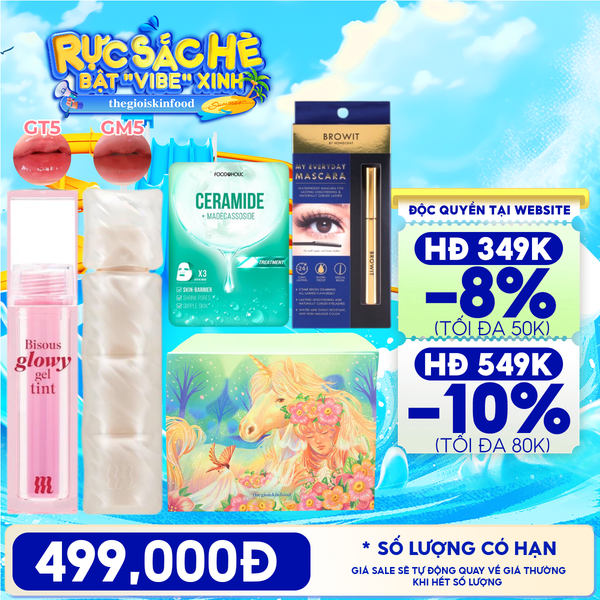  [HỘP QUÀ YÊU THƯƠNG] Son Bóng Pha Lê Merzy Bisous Glowy Gel Tint + Son Phao Kem Lì Merzy Puffer Mellow Tint + Mặt Nạ Foodaholic Ample Mask + Mascara Browit My Everyday Mascara #Endless Night 