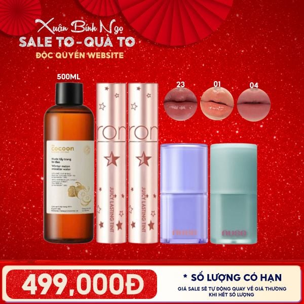  [ĐỘC QUYỀN - COMBO SIÊU HỜI] 2 Son Tint Lì Romand Starry 23 + Son Bóng Thuần Chay Nuse 01 Molten Peanut + Son Kem Lì Thuần Chay Nuse 04 Mauve Rain + Nước Tẩy Trang Bí Đao Cocoon 500ml 