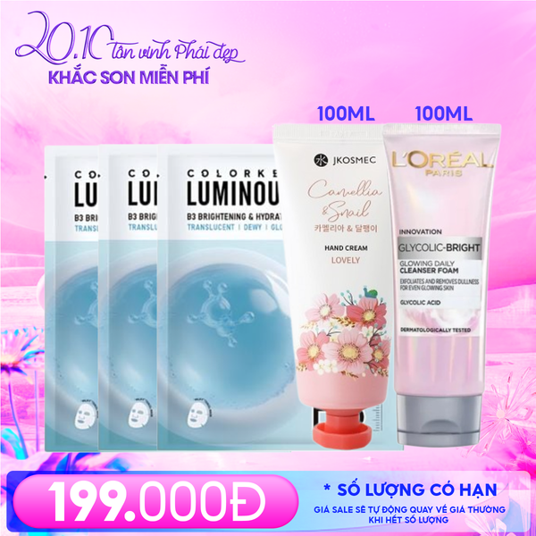  Combo 20/10: Kem Dưỡng Da Tay Jkosmec 100ml #Camellia & Snail + Mặt Nạ Colorkey #Hydrating (3 miếng) + Sữa Rửa Mặt L'oreal 100ml 