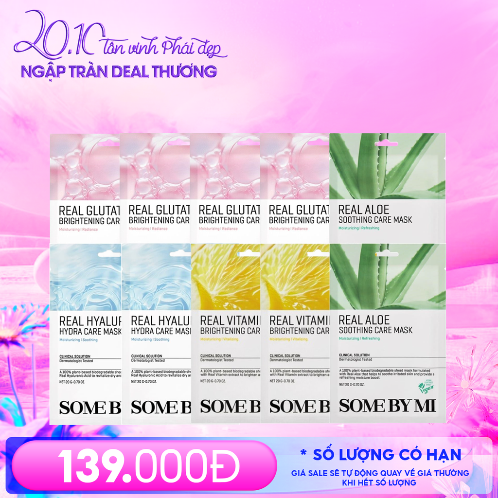 Combo Some By Mi 10 Miếng Mask: Mặt Nạ Dưỡng Da Glutathione + Hyaluron Hydrat + Vitamin Brightening + Aloe Soothing