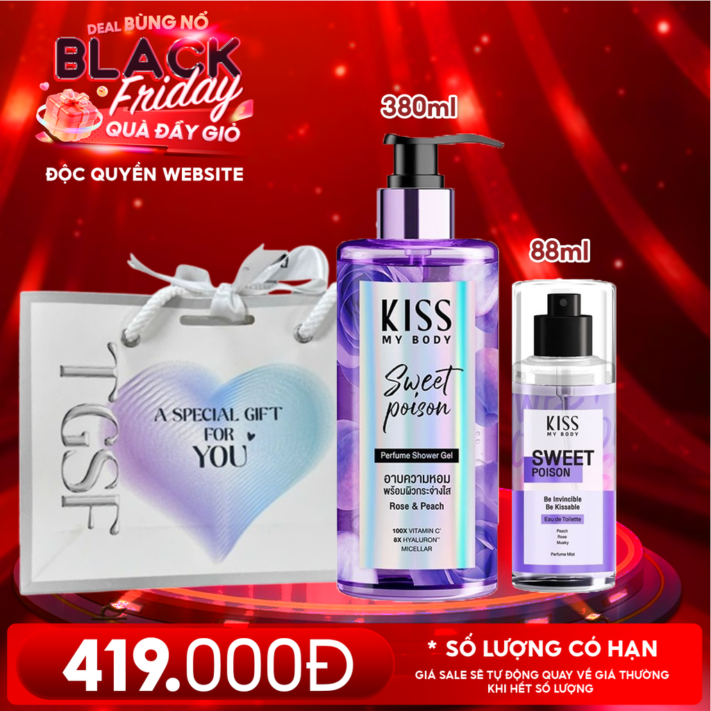 Combo Quà Tặng 20/11: Sữa Tắm Sạch Sâu Hương Nước Hoa Kiss My Body Gel 380ml + Xịt Thơm Toàn Thân Hương Nước Hoa Kiss My Body 88ml + Túi Quà