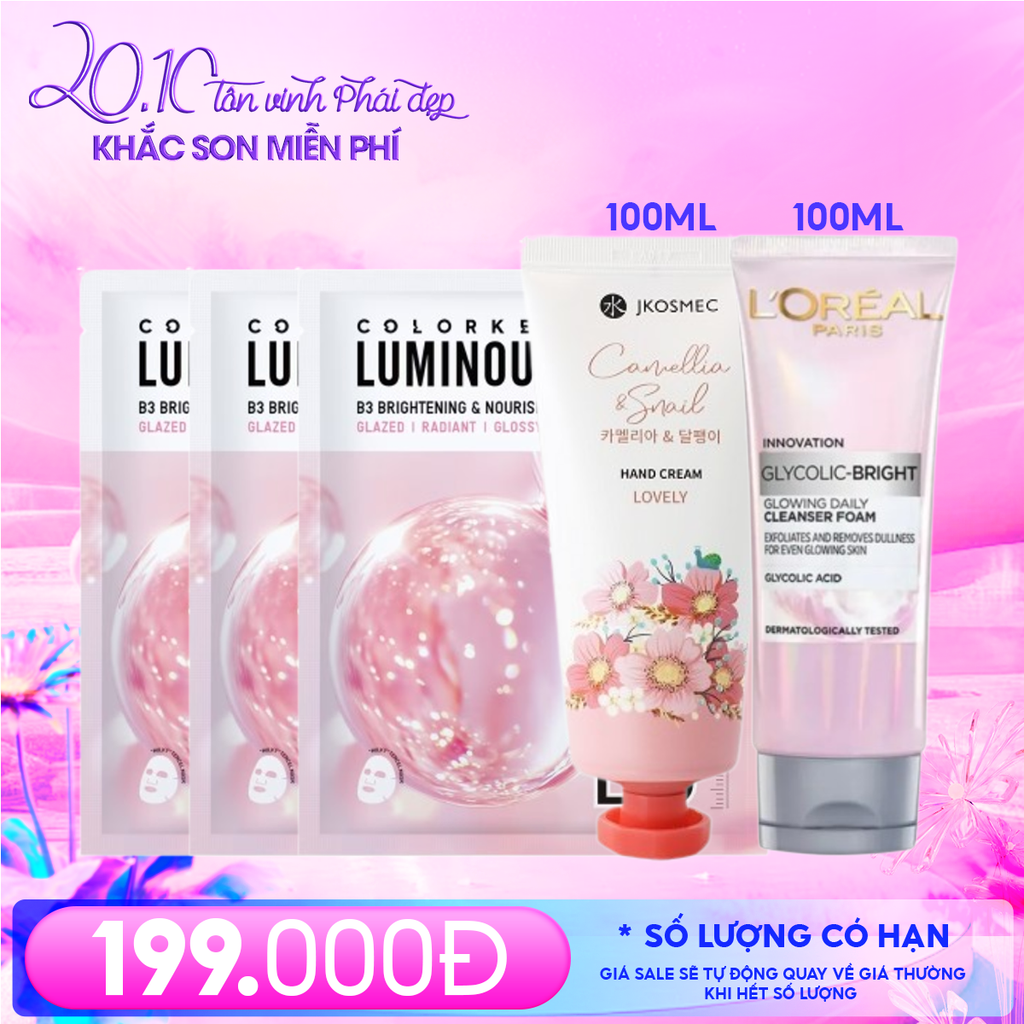 Combo 20/10: Kem Dưỡng Da Tay Jkosmec 100ml #Camellia & Snail + Mặt Nạ Colorkey #Nourishing (3 miếng) + Sữa Rửa Mặt L'oreal 100ml