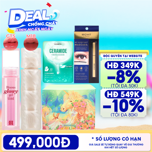  [HỘP QUÀ YÊU THƯƠNG] Son Bóng Pha Lê Merzy Bisous Glowy Gel Tint + Son Phao Kem Lì Merzy Puffer Mellow Tint + Mặt Nạ Foodaholic Ample Mask + Mascara Browit My Everyday Mascara + Hộp Quà Ngẫu Nhiên 