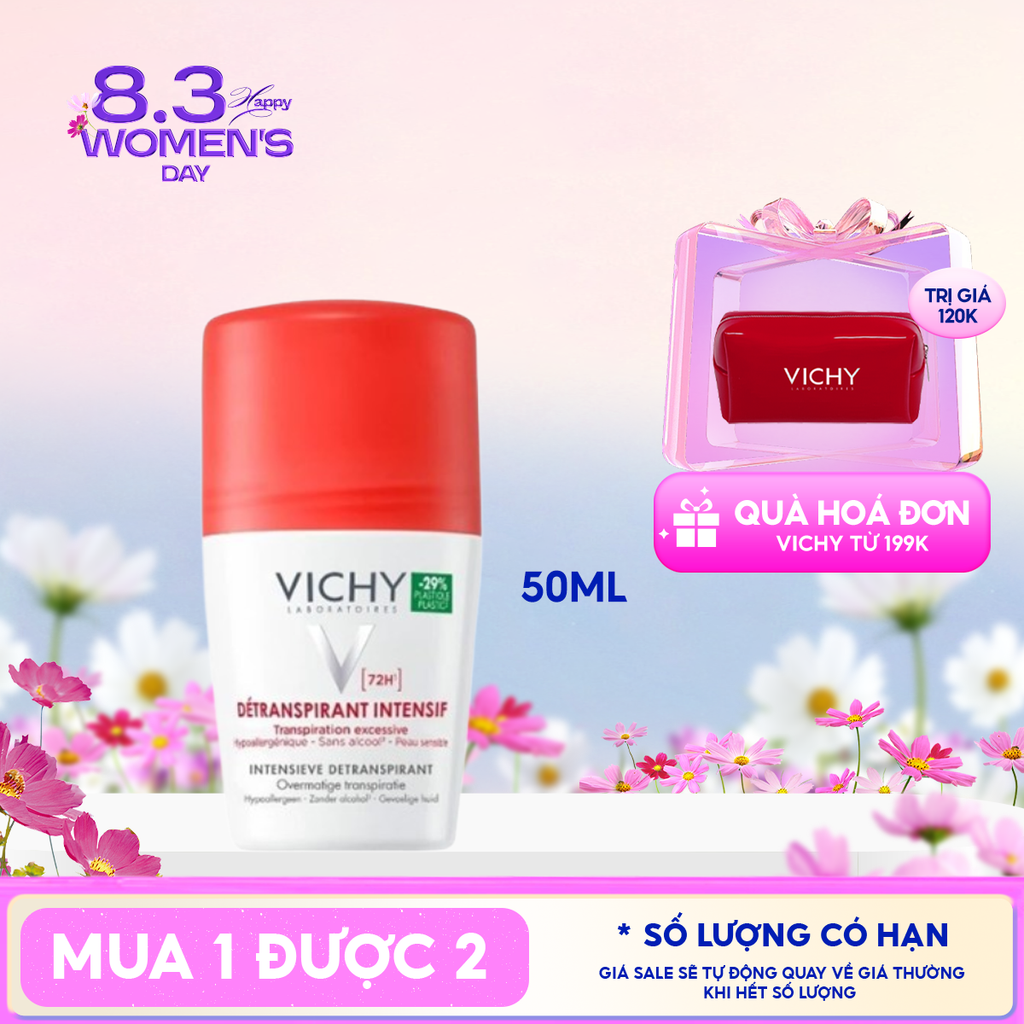 Lăn Khử Mùi Vichy Ngăn Mồ Hôi, Giữ Khô Thoáng Suốt 72H Detranspirant Intensif 72H 50ml (Che tên sản phẩm khi giao hàng)