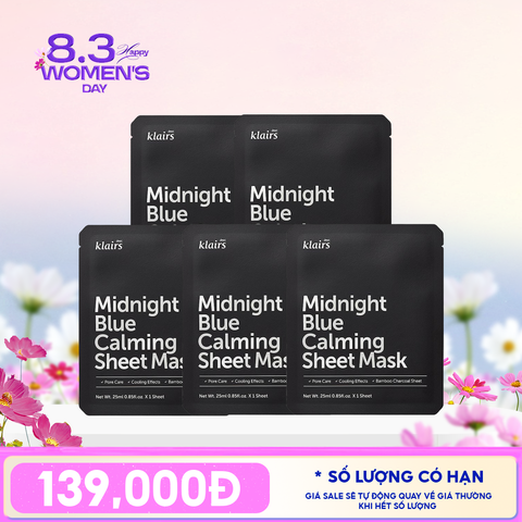 Combo 5 Miếng Mặt Nạ Klairs Làm Dịu, Hỗ Trợ Giảm Kích Ứng, Phục Hồi Da Midnight Blue Calming Sheet Mask 25ml
