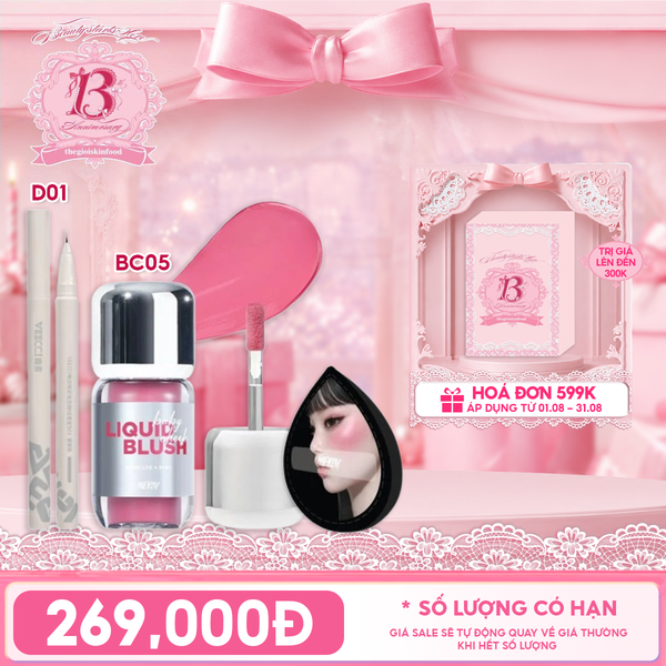  Combo Travel: Bút Kẻ Mắt VEECCI Vivid Color Eyeliner Pen 0.6ml + Má Hồng Kem Merzy Cheek Liquid Blush 4.6g + Bông Mút Má Hồng Merzy Pointed Makeup Puff 