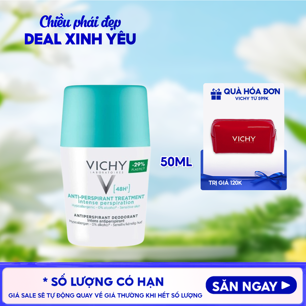  Lăn Khử Mùi Vichy Hỗ Trợ Giảm Mồ Hôi Dưới Cánh Tay, Giữ Khô Thoáng Suốt 48h Cho Da Nhạy Cảm Traitement Anti – Transpirant 48h 50ml (Che tên sản phẩm khi giao hàng) 