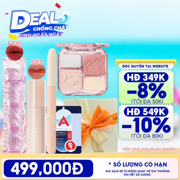  [HỘP QUÀ YÊU THƯƠNG] Son Tint Merzy Water Fit Blur Tint + Son Tint Bóng Judydoll Glazed Lip Gloss + Bảng Phấn Má Hồng VEECCI + Cọ Tán Son TOOLA + Măt Nạ Giấy Foodaholic + Hộp Quà Ngẫu Nhiên 