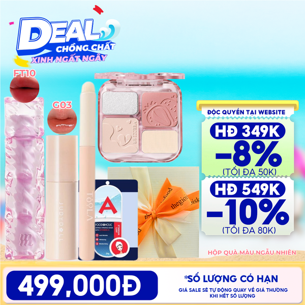  [HỘP QUÀ YÊU THƯƠNG] Son Tint Merzy Water Fit Blur Tint + Son Tint Bóng Judydoll Glazed Lip Gloss + Bảng Phấn Má Hồng VEECCI + Cọ Tán Son TOOLA + Măt Nạ Giấy Foodaholic + Hộp Quà Ngẫu Nhiên 