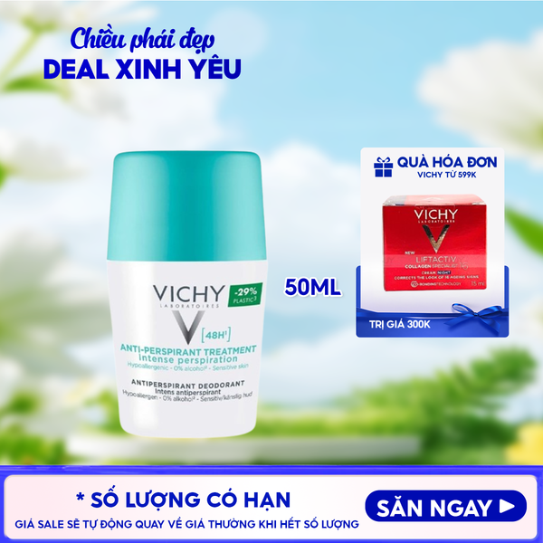  Lăn Khử Mùi Vichy Hỗ Trợ Giảm Mồ Hôi Dưới Cánh Tay, Giữ Khô Thoáng Suốt 48h Cho Da Nhạy Cảm Traitement Anti – Transpirant 48h 50ml (Che tên sản phẩm khi giao hàng) 