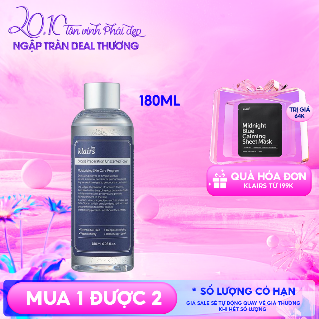 Nước Hoa Hồng Klairs Không Mùi Dưỡng Ẩm, Làm Dịu Da Supple Preparation Unscented Toner 180ml