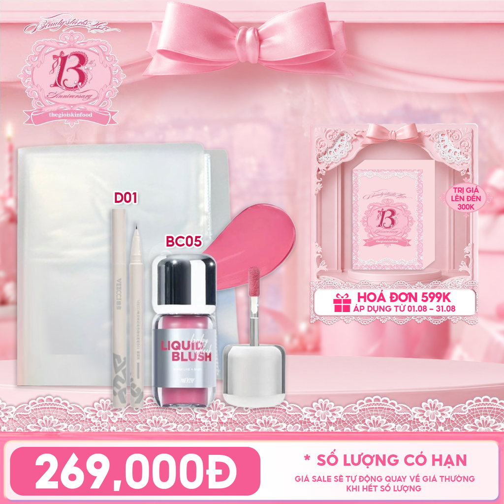 Combo Travel: Bút Kẻ Mắt VEECCI Vivid Color Eyeliner Pen 0.6ml + Má Hồng Kem Merzy Cheek Liquid Blush 4.6g + Bông Mút Má Hồng Merzy Pointed Makeup Puff