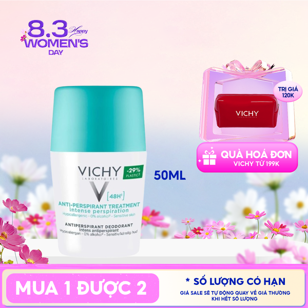  Lăn Khử Mùi Vichy Hỗ Trợ Giảm Mồ Hôi Dưới Cánh Tay, Giữ Khô Thoáng Suốt 48h Cho Da Nhạy Cảm Traitement Anti – Transpirant 48h 50ml (Che tên sản phẩm khi giao hàng) 